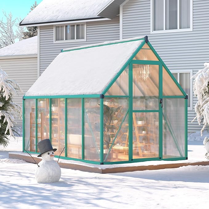 6 x 9 ft Greenhouse, Polycarbonate Walk-in Greenhouse with Aluminum Frame, Adjustable Roof Vent and Lockable Door, Easy Assembly, Green Houses for Outside, Garden, Backyard and Patio