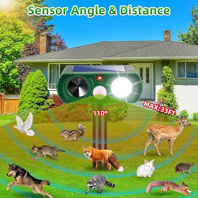 2 Pack 2026 Solar Ultrasonic Repellent Outdoor Cat Squirrel Skunk Dog Repellent for Yard,Deer Repeller Devices Motion Detection,Animal Deterrent Light for Rabbit Racoon Rodent Bird