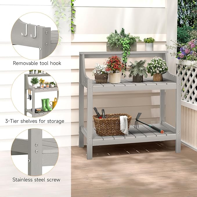 ONBRILL Potting Bench, HDPS Potting Bench with 4 Side Hooks, All-Weather Garden Table Work Station, Outdoor Potting Table for Porch, No Rust, No Fade, No Break, 360lbs Capacity (Grey, Large)