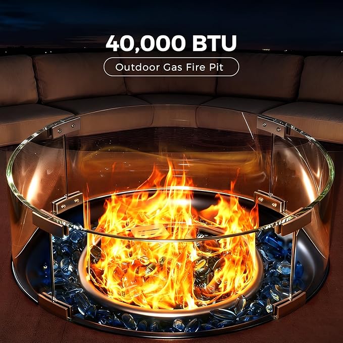 28 Inch Fire Pit Table with Wind Guard 40,000 BTU Propane Gas Fire Pit Table with Glass Rocks for Outside Patio Outdoor Backyard Deck Balcony, CSA Certified