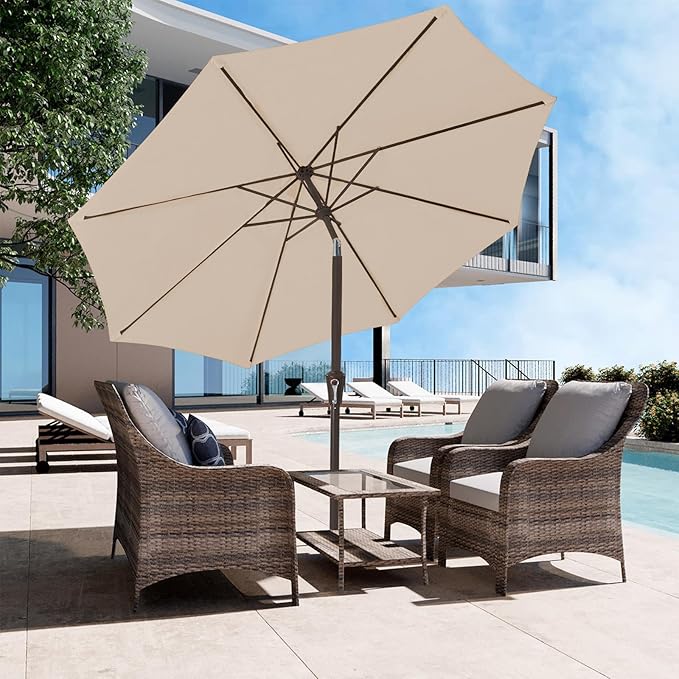 JEAREY 9FT Outdoor Patio Umbrella Outdoor Table Umbrella with Push Button Tilt and Crank, Market Umbrella 8 Sturdy Ribs UV Protection Waterproof for Garden, Deck, Backyard, Pool (Cream Beige)