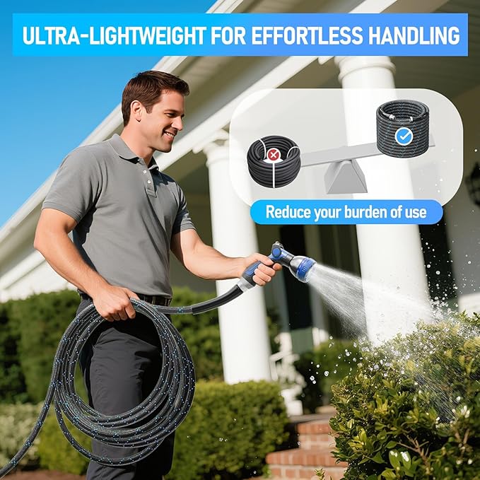 SPECILITE Garden Hose 100ft, 3-Layer Flexible Water Hose with 8 Pattern Spray Nozzle, Non-Expanding & Lightweight Stainless Steel Hose for Yard, Lawn, Outdoor-Leak Proof, No-kink & Tangle-free