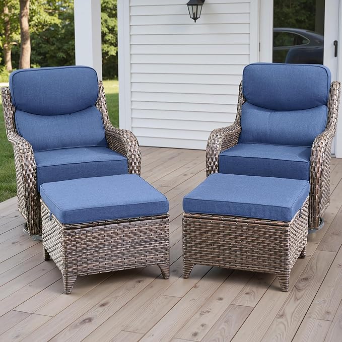 Rilyson Wicker Outdoor Patio Furniture Set - 4 Piece Patio Conversation Set with Swivel Rocker Chairs and Ottomans, 6 inch Cushions, High Back, Deep Seating, for Porch Deck Garden Brown/Blue