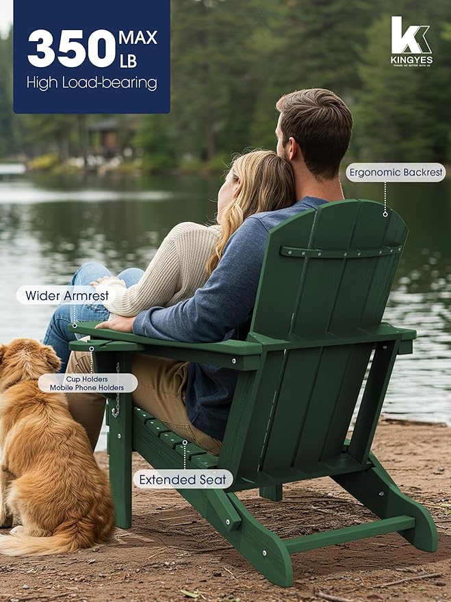 KINGYES Folding Adirondack Chair Set of 6, Dual Cup Holders & All-Weather HDPE, Wood-Like Patio Chair for Backyard, Camping, Pool & Fire Pit, Dark Green