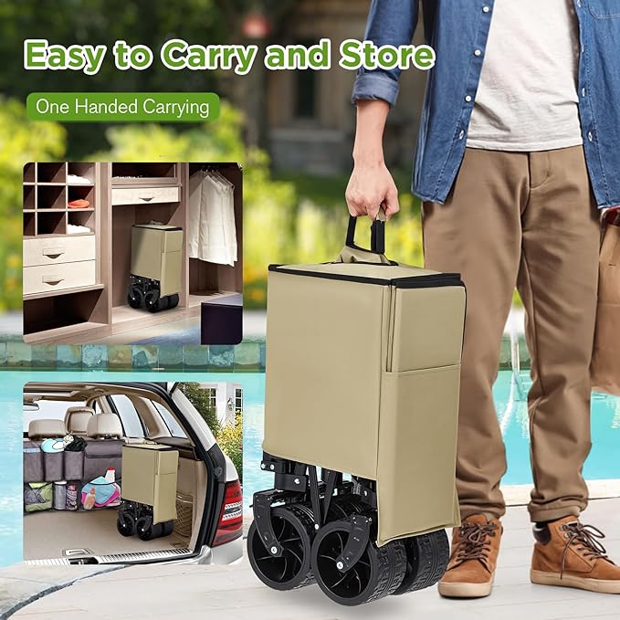 Bezseller Collapsible Wagon 400lbs, Wagons Carts Foldable, Beach Carts with Big Wheels for Sand, Heavy Duty Wagon, Utility Folding Cart with All-Terrain Wheels, Garden Carts Sports Beach, Khaki
