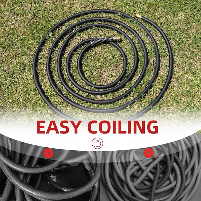 WiseFlow Garden Hose 75FT x 5/8", Heavy Duty Rubber Hose, Water Hose with Five Layered Braiding, Male Female Fittings, 1000PSI Burst, 300PSI Working (Black)