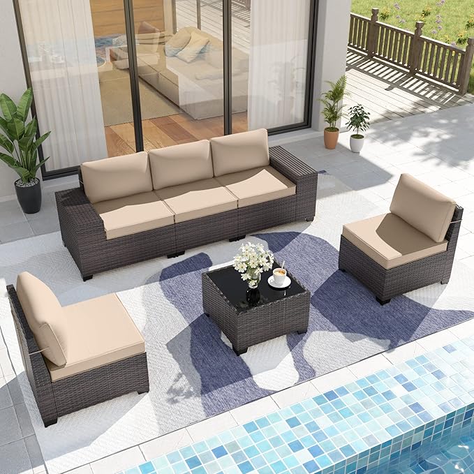 Kurapika 6 Pieces Patio Furniture Set, Rattan Wicker Outdoor Conversation Sets w/4 Inch Cushion and Glass Coffee Table(Sand)