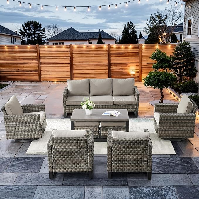 HUMMUH 8 Piece Patio Furniture Set All Weather Wicker Outdoor Sectional Sofa with Patio Chairs,Patio Swivel Glider Chairs Ottomans Coffee Table for Porch,Garden,Backyard