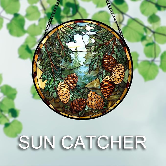 QZQCBLC Stained Glass Window Hanging Forest Pine Cone Landscape 6.3" - Green Suncatcher Door Terrace Garden Sun Catcher Home Decor Birthday Christmas for Mom Men Woman Wife