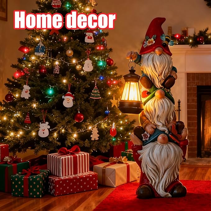 twinbling 17 in Large Garden Gnome Statue with Solar Lights Sculptures Funny Triple Big Gnome Outdoor Patio Lawn Yard Balcony Garden Home Decor Gifts for Women Mom