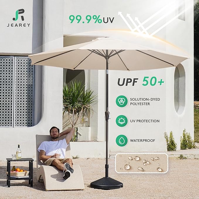 JEAREY 9FT Outdoor Patio Umbrella Outdoor Table Umbrella with Push Button Tilt and Crank, Market Umbrella 8 Sturdy Ribs UV Protection Waterproof for Garden, Deck, Backyard, Pool (Cream Beige)