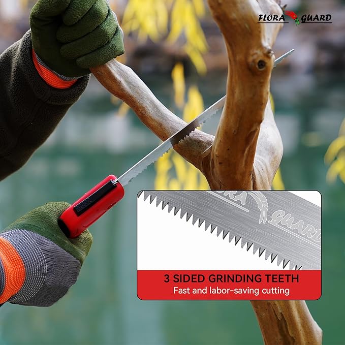 FLORA GUARD Folding Pruning Saw, 10-Inch Folding Hand Heavy Duty Saw with Multi-Level Razer Teeth for Camping, Tree Trimming, Wood Cutting, Gardening Tools (Red-10")