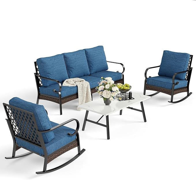 SUNSHINE VALLEY 4 PCS Metal Outdoor Patio Furniture Set, Patio Conversation Sets 1 3-seater Sofa, 2 Rocking Chairs with 5.75" Extra Thick Cushion & Coffee Table, Black Frame Backyard Furniture, Blue-2