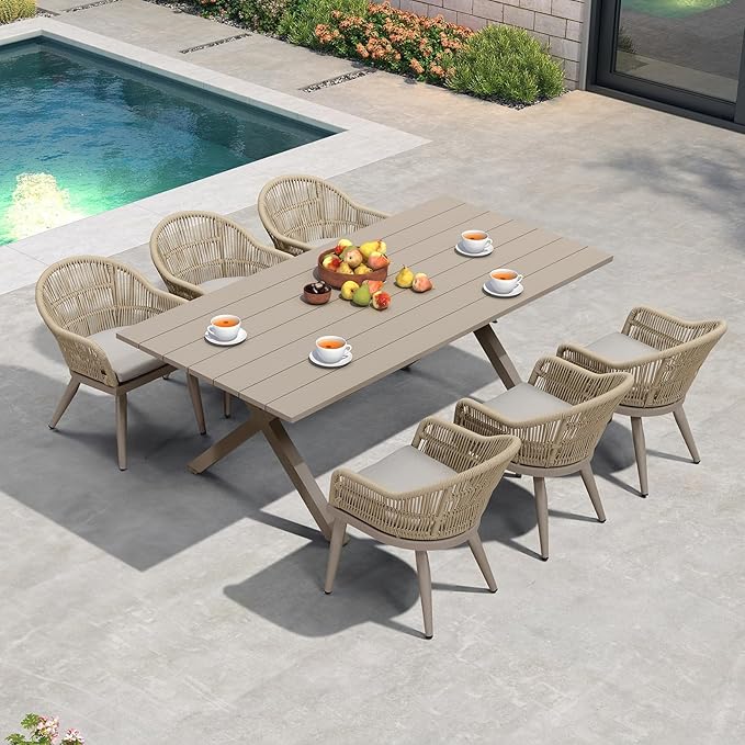 PURPLE LEAF 7 Pieces Longer Patio Dining Set with Outdoor Aluminium Dining Table and Woven Chairs Modern Metal Furniture Cushions Sets for Garden Yard Indoor Decor Kitchen Champagne