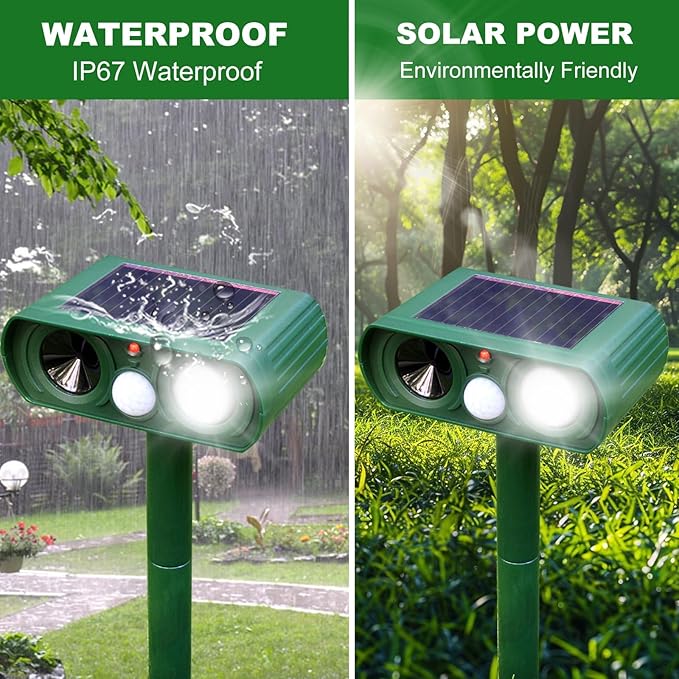 Solar Ultrasonic Animal Repeller, 2025 Cat Repellent Outdoor,Waterproof Deer Repellent for Raccoon,Dog,Fox, Deer, Skunk,Squirrel, Rabbit with LED Flashing and Motion Sensor,Sound Green