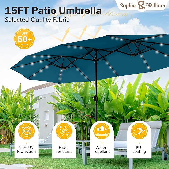 Sophia & William 15 ft Extra Large Patio Umbrella with Solar Lights, Rectangular Outdoor Umbrella with Base Included, Market Umbrella Double-sided Heavy Duty for Pool Garden Backyard, Cyan-blue