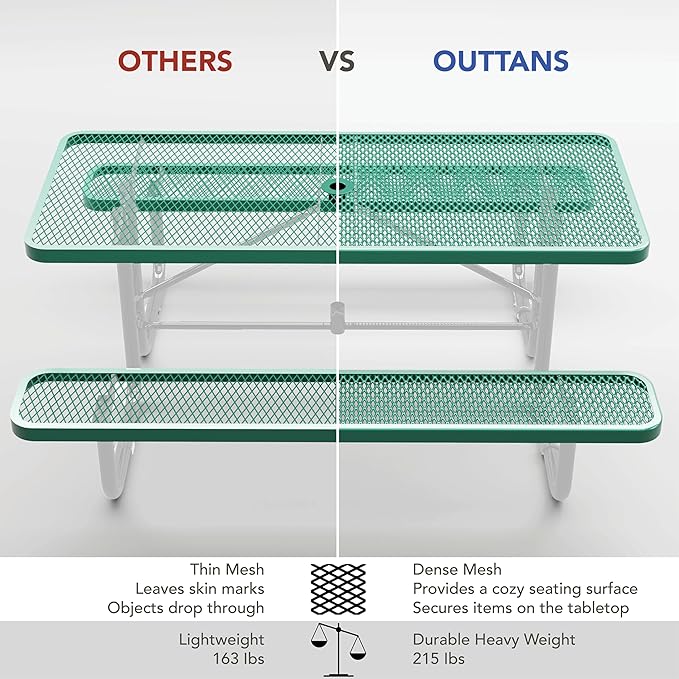 Commercial Heavy-Duty Metal Picnic Table - ADA Compliant, Adjustable Seats, Umbrella Hole, Expanded Metal (Green, 6' Rectangular)