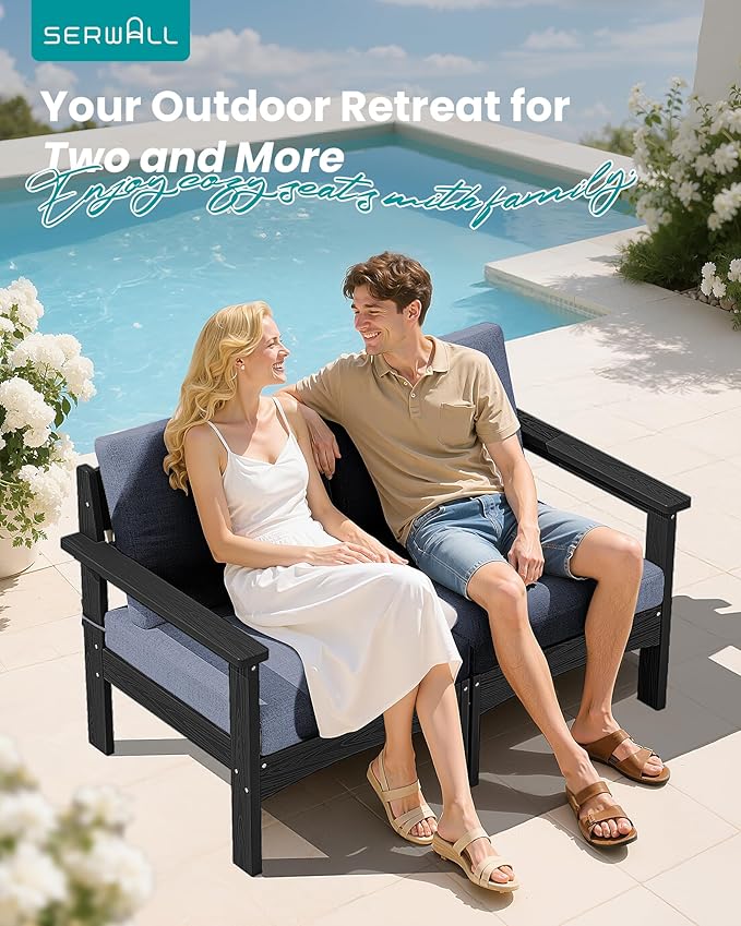 SERWALL HDPE Patio Loveseat Sofa, 2 Pieces Single Sofa, Weather-Resistant Outdoor Furniture Chair with Thick Removable Cushion, Balcony, Garden, Backyard, Poolside, Black Frame with Grey Cushion