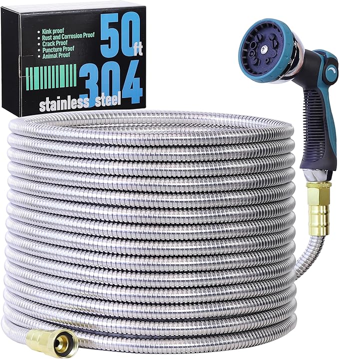 50FT Garden Hose, 304 Stainless Steel Water Hose, Flexible with a 10-Mode Nozzle Sprayer, No Kink, Lightweight, Puncture Proof, Ideal for Yard, Lawn, Outdoor, 5/8" Outside Diameter