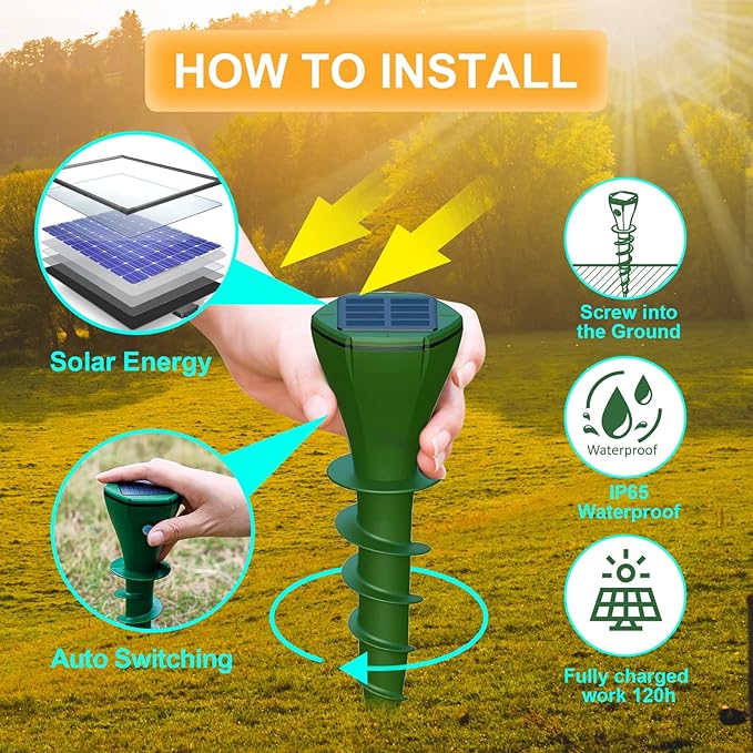 Mole Repeller Solar Ultrasonic 4 Pack, IP65 Waterproof Tested Champion Against Moles and Snakes in Gardens Animal-Friendly Rodent Repeller Keeps Snakes Out of Your Yard