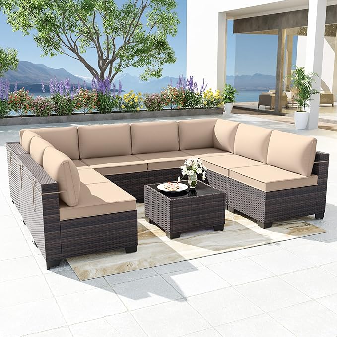 Kurapika 9 Pieces Patio Furniture Set, Rattan Wicker Outdoor Conversation Sets w/4 Inch Cushion and Glass Coffee Table(Sand)