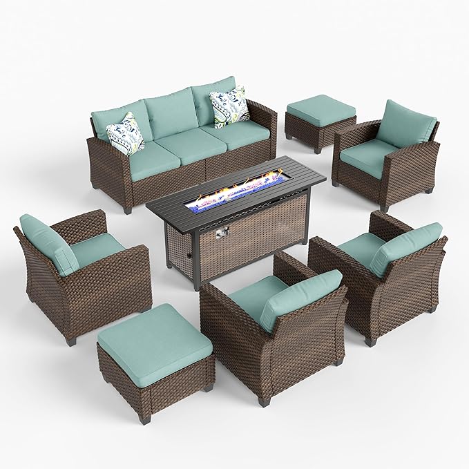 HERA'S HOUSE Patio Furniture Set with Fire Pit Table, Outdoor Wicker Furniture, All Weather Deep Seating Conversation Sofa Set, Brown Rattan Chairs for Deck Backyard, Blue