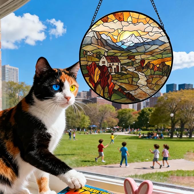QZQCBLC Stained Glass Window Hanging Farm Pastoral Scenery 9.8" - Sunrise Suncatcher Door Garden Sun Catcher Home Decor Birthday Christmas for Mom Men Woman Nana Friend Wife