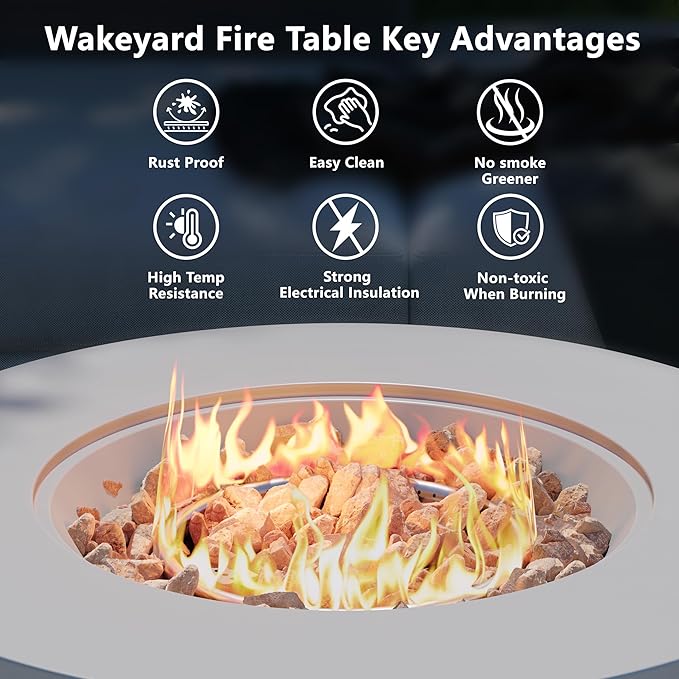 32 inch Round Propane Fire Table, 50,000 BTU Gas FirePit, Patio Fire Pit Table with Steel Lid, Rain Cover, 10ft Propane Hose, Lava Rocks, Grey