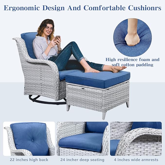 Belord Outdoor Swivel Rocker Furniture 5 Pieces Patio Wicker Furniture Sets, Rattan Patio Swivel Glider Chairs with 2 Ottoman and Glass Side Table