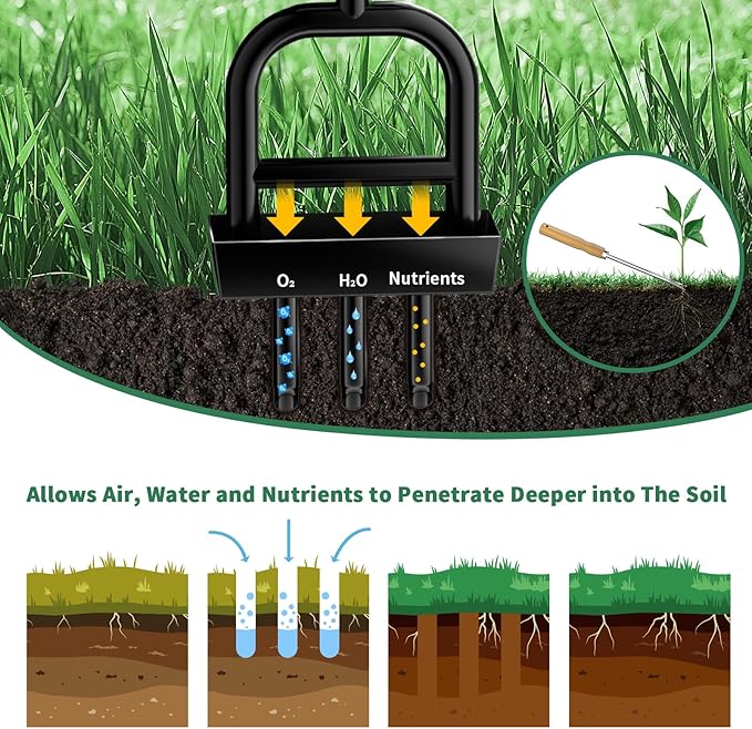 Lawn Aerator Coring Tool, 41" Manual Grass Aerating with Stainless Steel Soil Core Storage Tray, 3 Stainless Steel Corer Plug, for Plant Care, Garden, Lawn, Farm