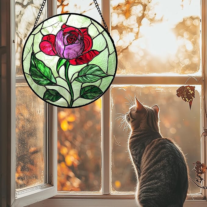 AMDERVEN Stained Glass Window Hanging 4 Pcs Set Red Roses Yellow Sunflowers Large 15" - Flower Suncatcher Door Garden Sun Catcher Decor Birthday Mother's Day for Mom Woman Nana Girl