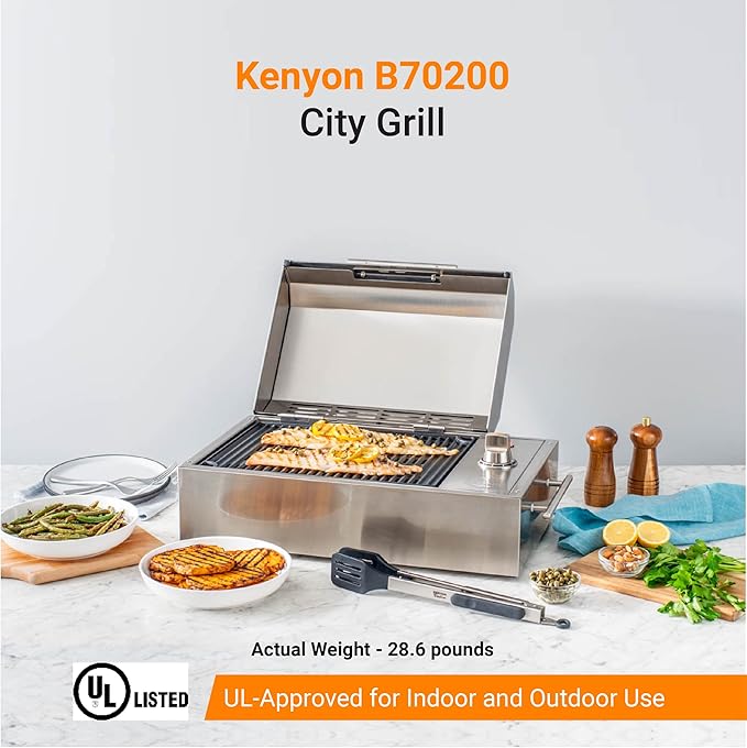 Kenyon B70200 City Grill, Portable Grill, Stainless Steel, Single Burner, Knob Control, Faceted Lid, UL Approved For Use Indoors And Outdoors, Flame-Free, 120V