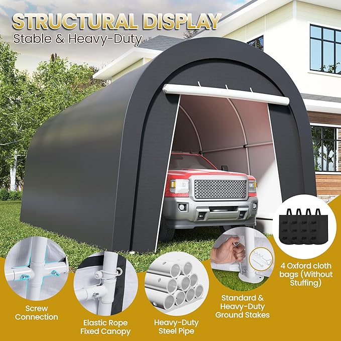 Kiss the Water Domed Carport with 4 Cloth Bags, Portable Garage with 2 Roll-up Doors, Heavy Duty Car Canopy Party Tent, All-Season Storage Shelter Shed for Cars, Truck, or Garden Tools, 10' x 20'