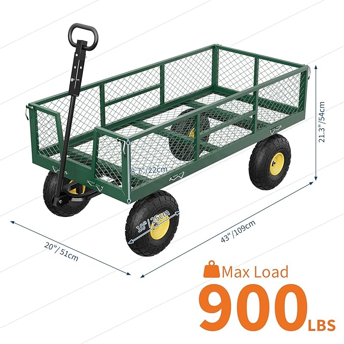 900 LBS Garden Cart on Wheels with Adjustable Handles, Heavy Duty Steel Garden Wagon with Removable Mesh Sides to Convert into Flatbed, Wagon Cart for Lawn Farm Yard, Green