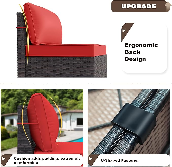 Kurapika 13 Pieces Patio Furniture Set, Rattan Wicker Outdoor Conversation Sets w/43in Propane Fire Pit Table(Red)