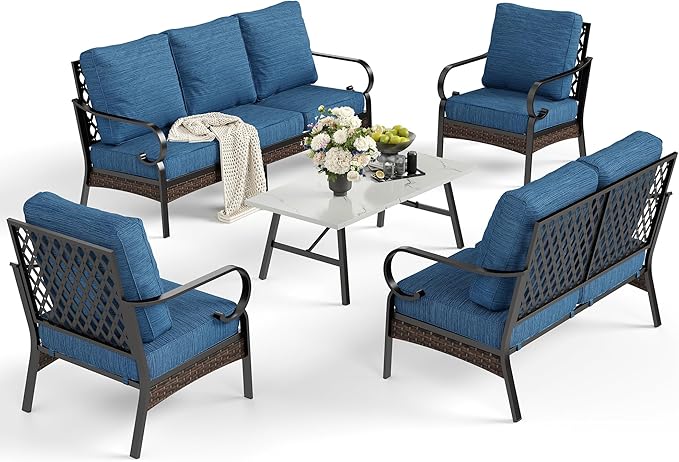 SUNSHINE VALLEY 5 Piece Metal Outdoor Patio Furniture Set, Patio Conversation Sets 3-Seater Sofa, 2-Seater Sofa, 2 Fixed Chair with 5.75" Thick Cushion & Coffee Table Black Backyard Furniture, Blue-2