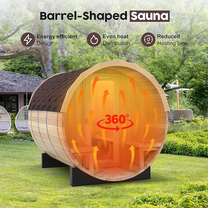 ZONEMEL Outdoor Barrel Steam Sauna, Canadian Hemlock Sauna Room for 6-8 Person, 6KW ETL TOULE Heater, Asphalt Shingles, Canopy Porch, 8mm Tempered Glass, Sauna Stone, Water Bucket, Ladle, Light, 220V