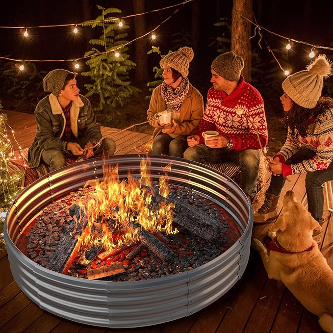 Mr IRONSTONE Outdoor Fire Pit Galvanized Fire Pit Ring, Foldable Outdoor/Camping/Gatherings 5 FT Diameter Fire Pit for Yard/Garden/Park/Beach, 60 Inches Fire Ring Pit, Silver