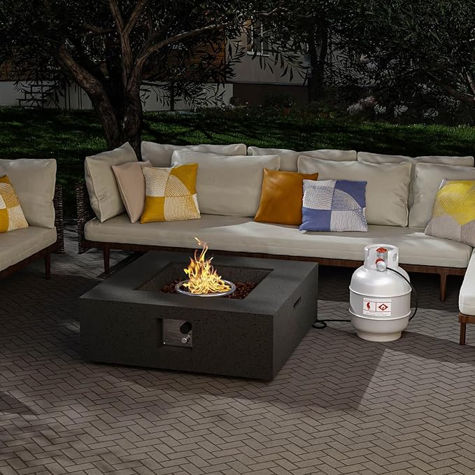 SUNBURY Outdoor Travertine Fire Pit Table, 35 inches Square Propane Gas Patio Fire Pit 50,000 BTU Concrete, Low Firepit Table with Lava Rocks, Waterproof Cover, Grey