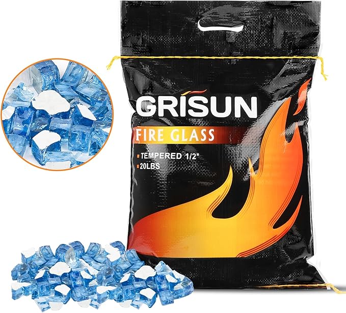 GRISUN 20 Pounds Pacific Ocean Blue Fire Glass for Fire Pit - 1/2 Inch High Luster Reflective Tempered Glass Rocks for Natural or Propane Fireplace, Safe for Outdoors and Indoors Firepit Glass