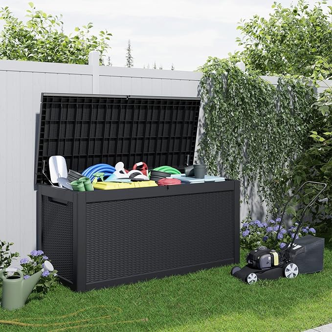 320 Gallon Outdoor Deck Box,Storage Lockable Waterproof Patio Furniture,Garden Tools,Cushions,Pool Accessories Outside Storage Resin Box(Black)