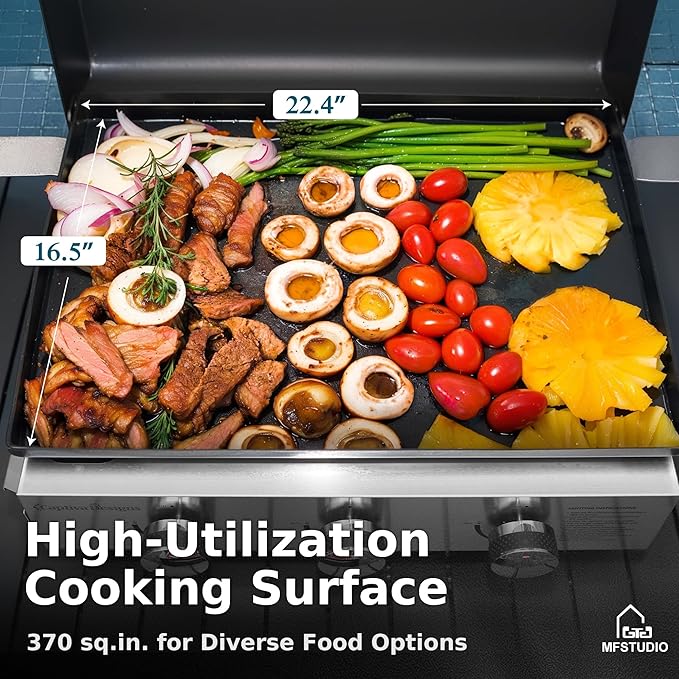 MFSTUDIO 22 Inch Flat Top Grill with Ceramic Coated Cast Iron Pan, 3 Burners Portable Tabletop Propane Gas Griddle Grill for Camping, Outdoor & Tailgating Barbecue, 24,000 BTU