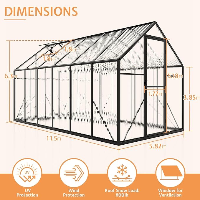 Jocisland 6x12x6.3 FT Polycarbonate Walk-in Greenhouse with Dual Doors and Roof Vents, Outdoor Garden Greenhouse, Black