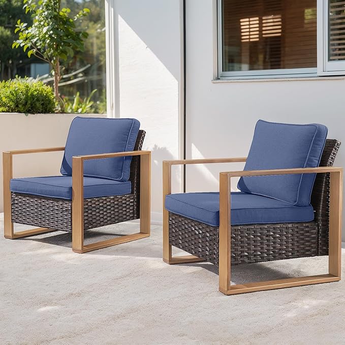 Belord Patio Wicker Chairs Set of 2-350 LBS Weight Capacity Wicker Outdoor Club Chair Set with Metal Wide Armrests for Porch Deck Sunroom Backyard