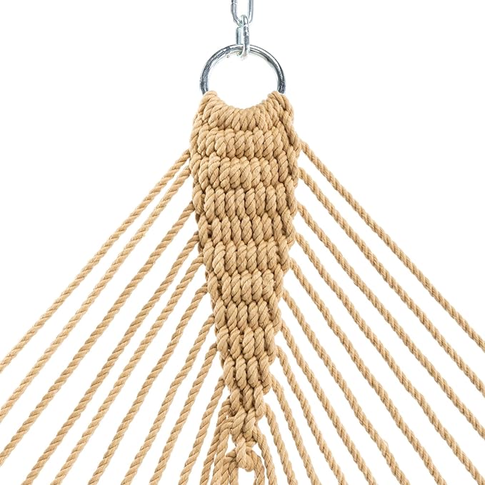 Original Pawleys Island Deluxe Tan DuraCord Rope Hammock – 13 ft. x 65 in, 2-Person, 450 lb Capacity, Oak Spreader Bar, Zinc-Plated Hardware, Handcrafted in The USA