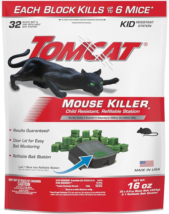 Tomcat Mouse Killer(e) Child Resistant, Refillable Station Offering with Clear Lid for Easy Bait Monitoring, 4 Packages each which contain 1 Station and 32 Bait Blocks