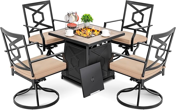 NUU GARDEN 5-Piece Patio Furniture Set with Fire Pit Table, 28'' 50,000 BTU Propane Gas Cabinet Fire Pit Table with Cover and 4 Dining Swivel Chairs with Padded Cushions, Black and Beige