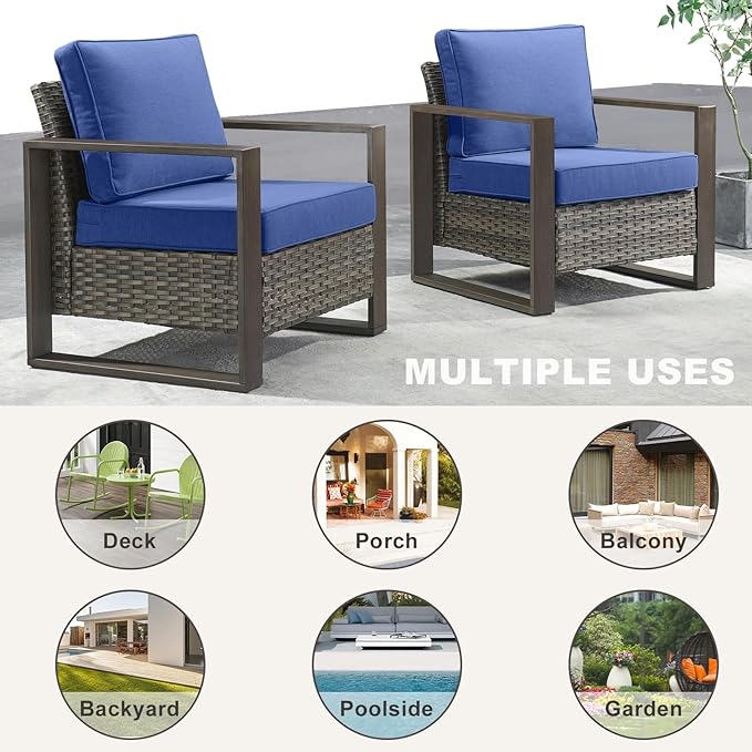 Rilyson Outdoor Wicker Patio Furniture Set - 5 Piece Patio Conversation Set with 2 Wicker Armrest Chairs,2 Rattan Ottoman, 1 Side Table, Sturdy Frame, Thick Cushions, Deep Seating(Mixed Grey/Blue)