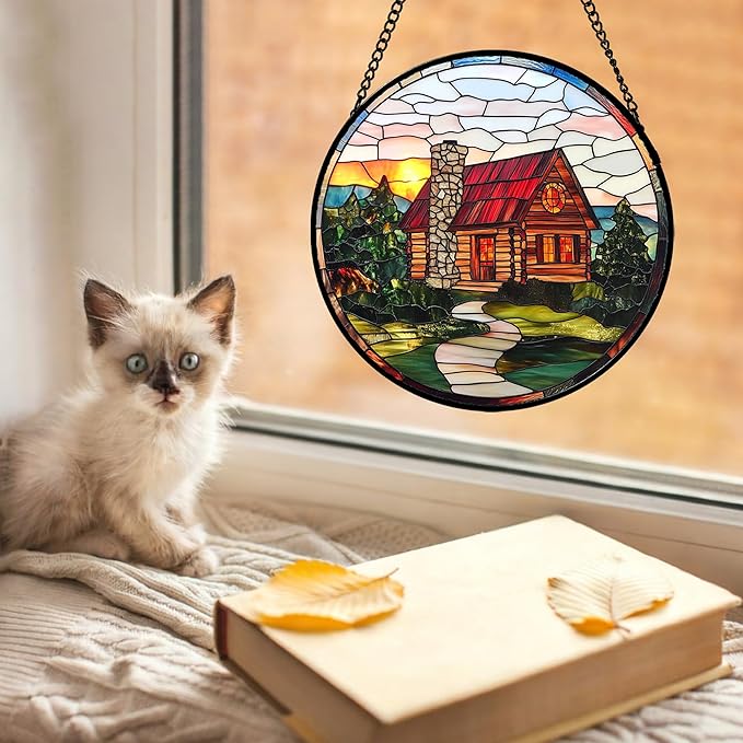 QZQCBLC Stained Glass Window Hanging Red Wooden House Pastoral Scenery 9.8" - Suncatcher Door Garden Sun Catcher Home Decor Birthday Christmas for Mom Men Woman Nana Friend