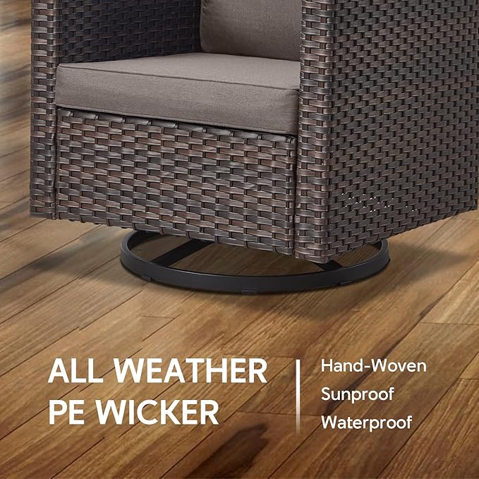 Outdoor Swivel Rocker Chairs - 5 Piece Patio Bistro Set Wicker Patio Rocking Chairs Set with Side Table and Ottomans, 360° Swivel Glider Proch Furniture for Balcony Deck - Brown/Grey